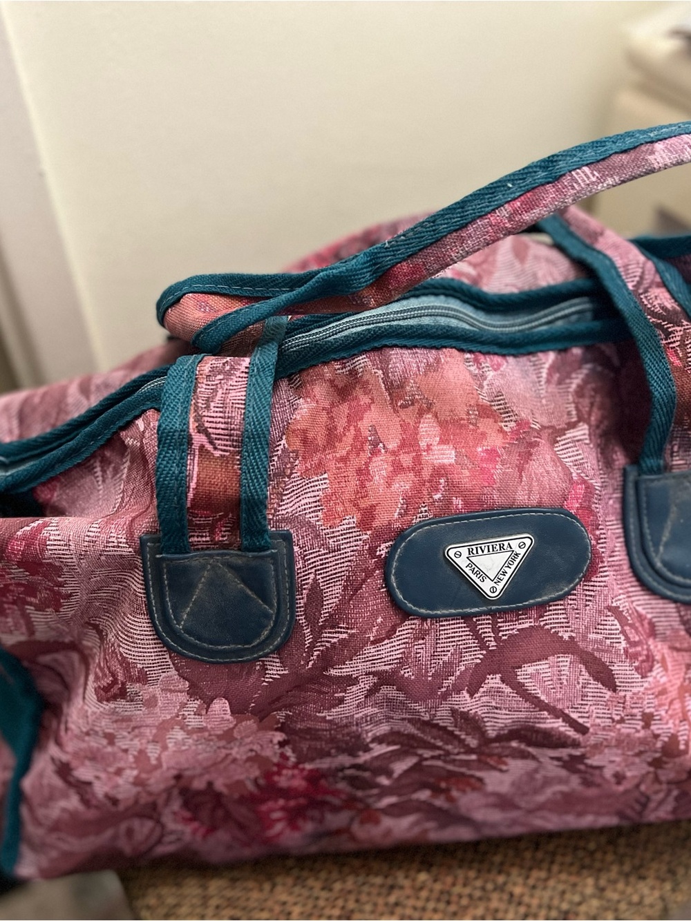 Riviera Pink Floral Tote with Teal Trim and Handles
